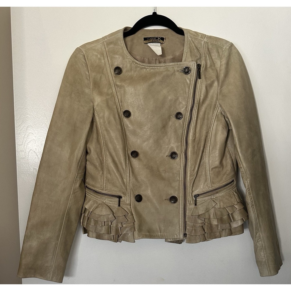 LaRok Luxe leather jacket Ruffles Distressed Sample jacket Size Small Beige Tan
